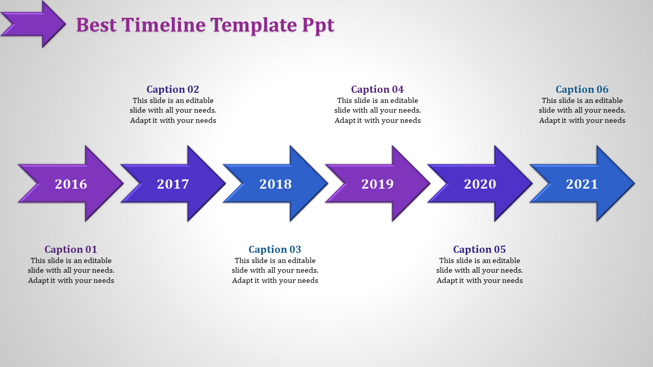 Horizontal arrow timeline from 2016 to 2021, with purple and blue arrows and six captions above and below.