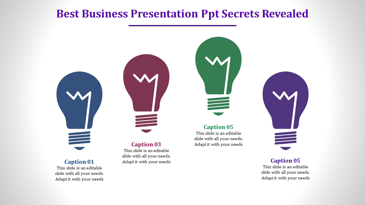 A set of lightbulb icons in different colors, each labeled with captions and a placeholder text.