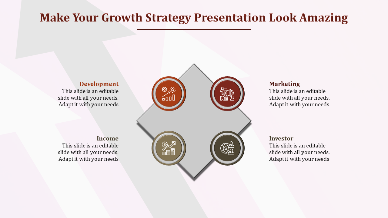 Growth strategy slide with a diamond shaped center connecting icons from development to investor relations with text area.