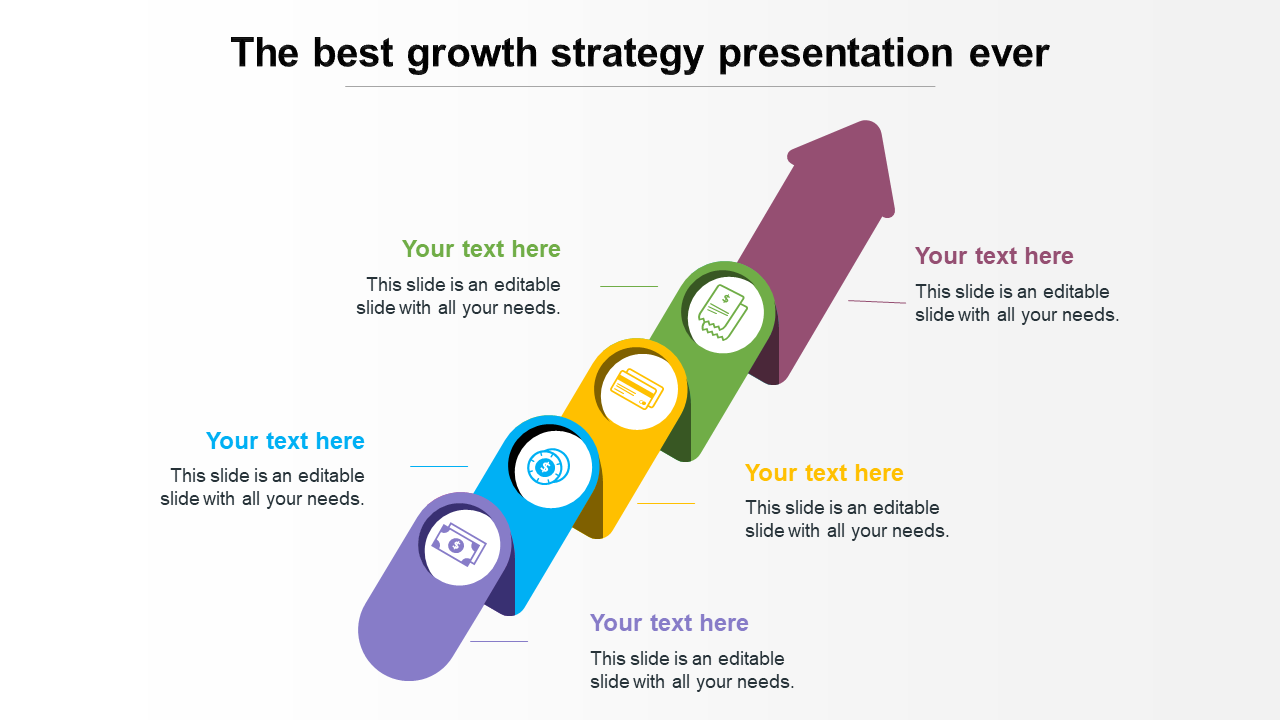 Growth strategy with five connected colorful segments, each containing an icon, ascending toward a purple arrow.