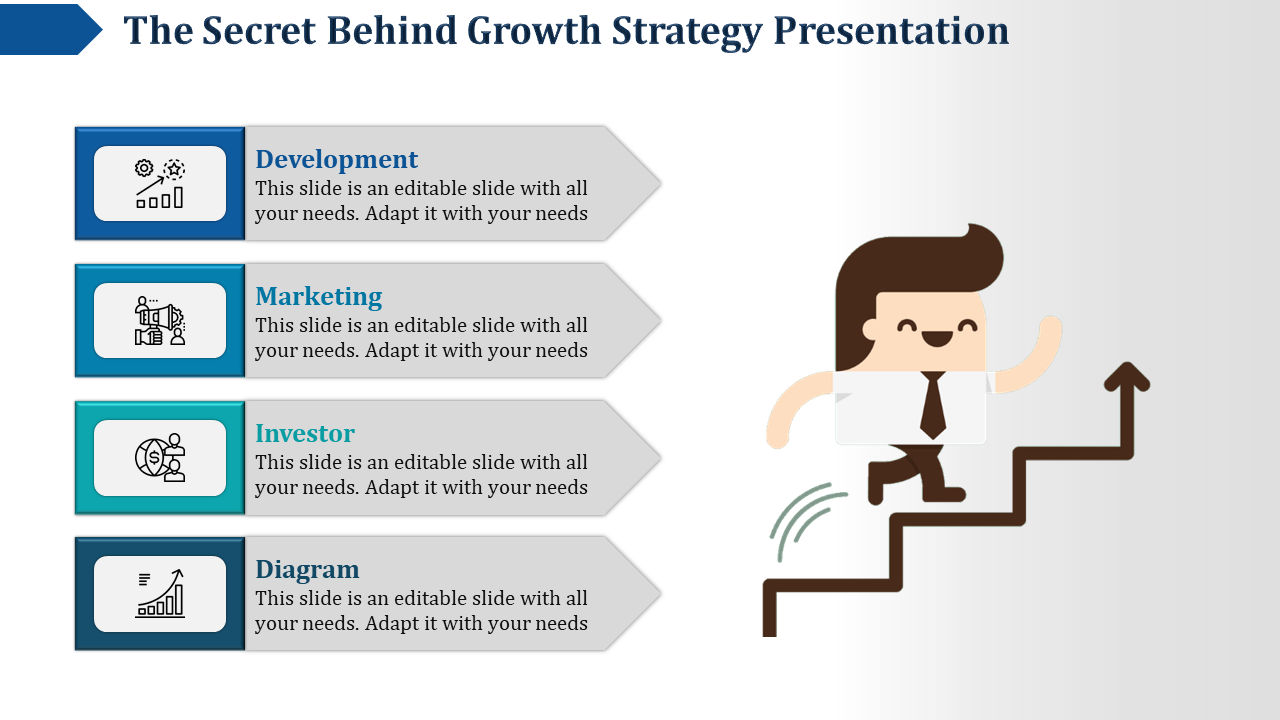 Four-step growth strategy blocks with icons and captions next to a businessman climbing a staircase graphic.