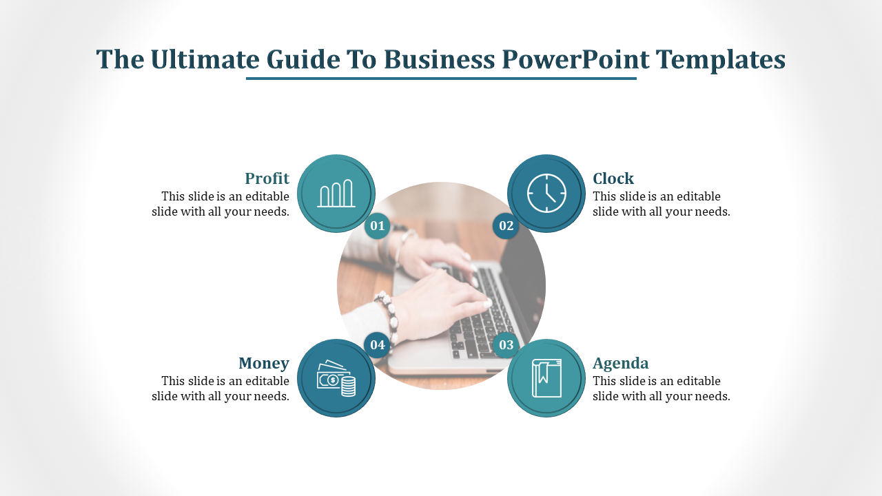 Business infographic with a laptop image at the center, surrounded by circular icons profit, clock, money, and agenda.