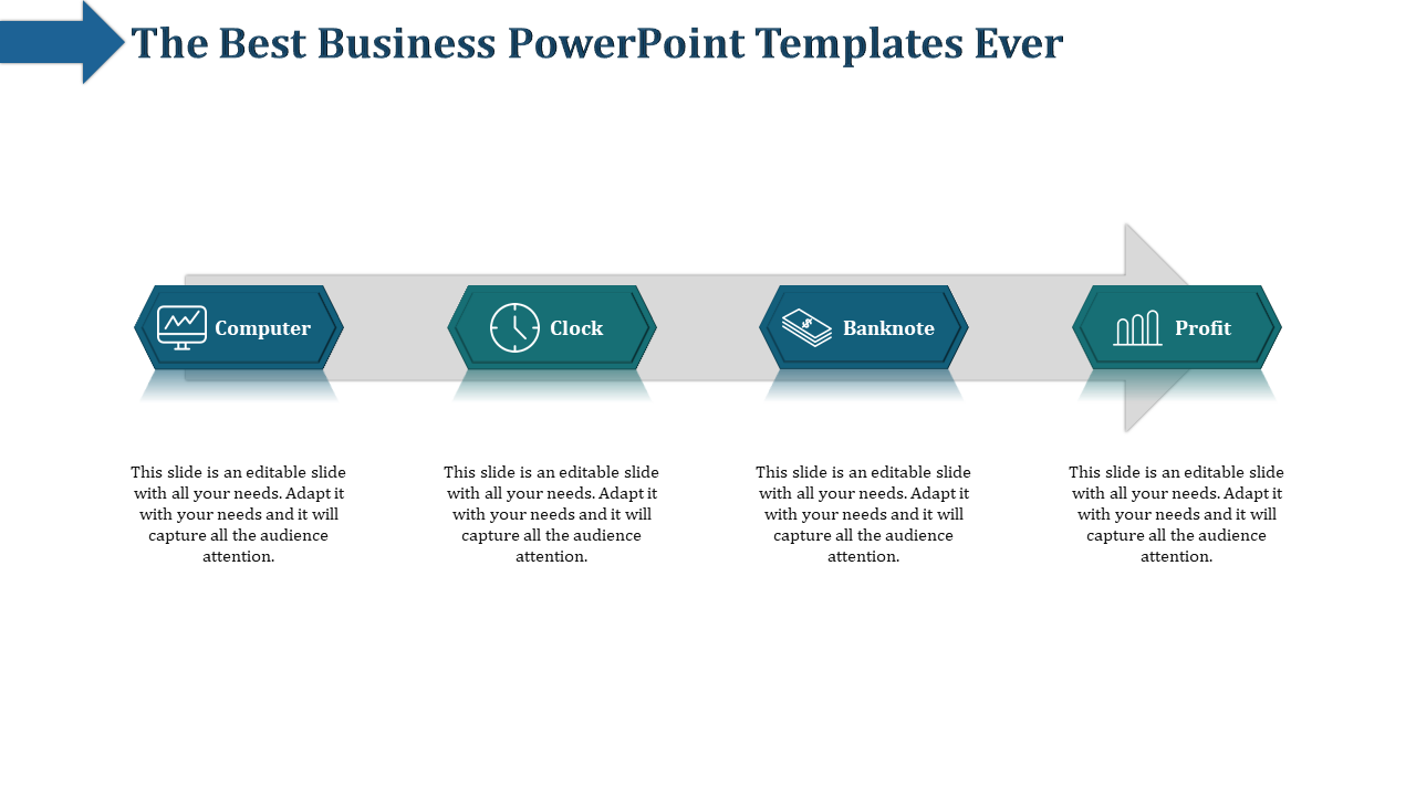 Business flowchart showing four hexagonal steps from computer to  profit linked by a horizontal arrow.