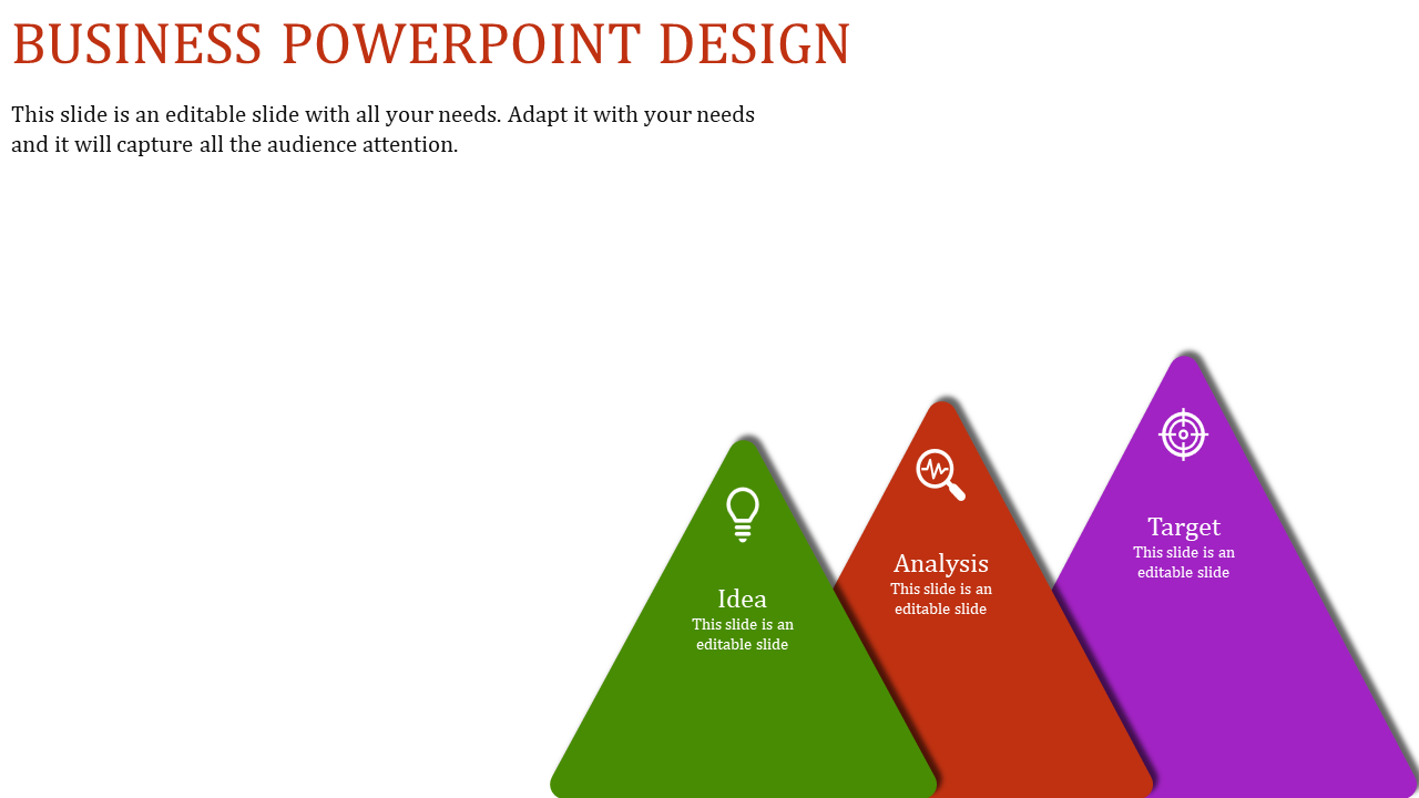 Business infographic featuring three triangles in green, red, and purple, labeled with three caption areas.