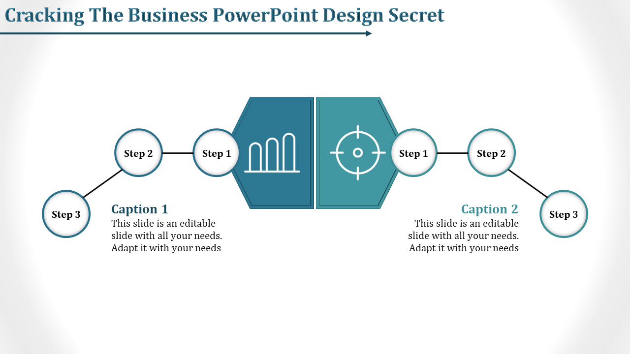 Business flowchart with two hexagons at the center, labeled steps 1–3 on both sides, connected by circular nodes.