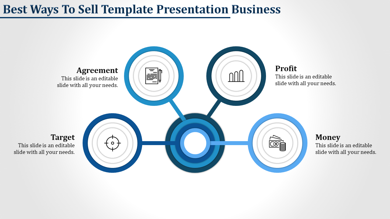 Business infographic with a node linked to four icons document, bar chart, target, and money, each labeled with captions.