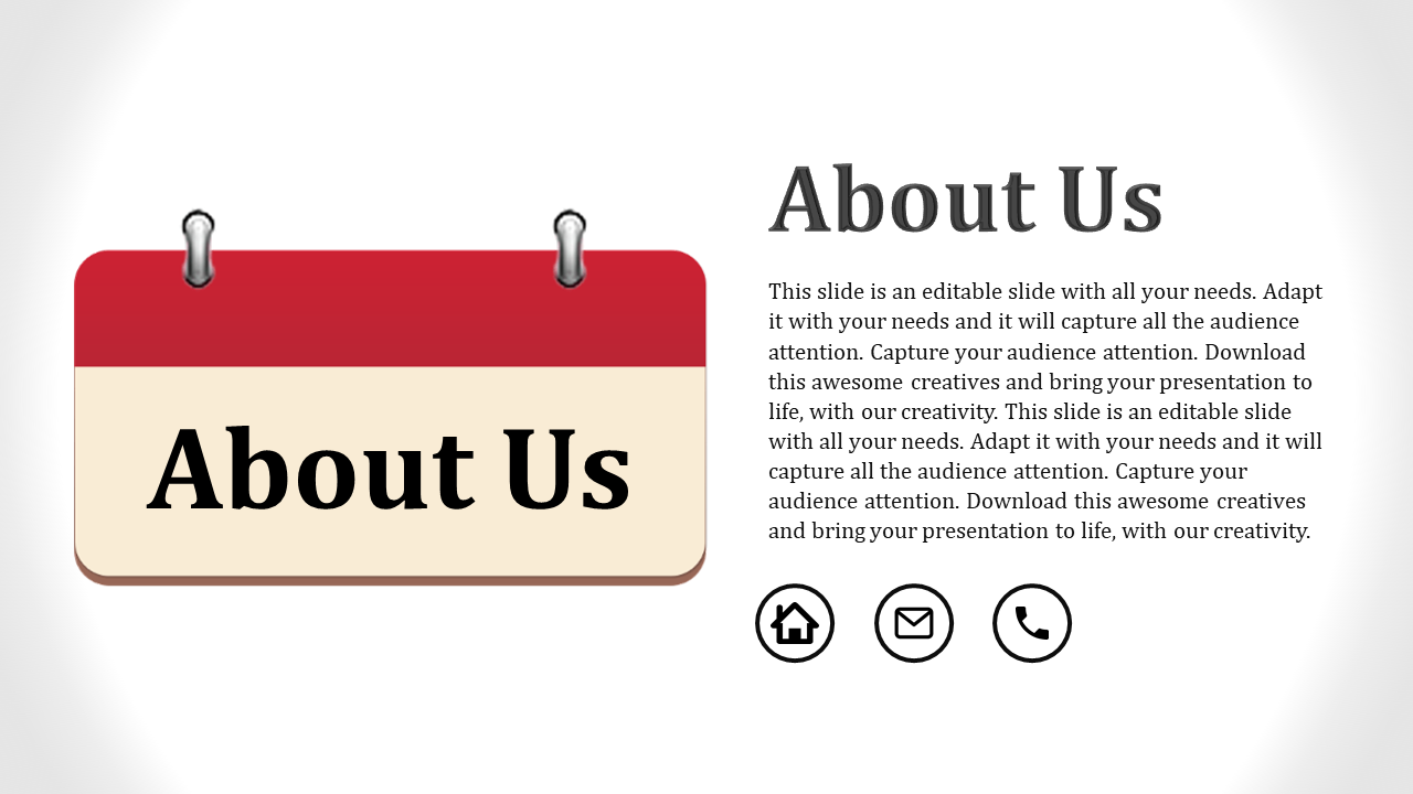 About us slide with a red and beige hanging sign on the left and descriptive text with contact icons on the right.