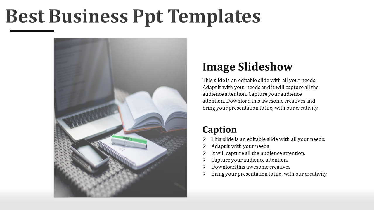 Business template featuring a workspace image with a laptop, open book, and stationery, with text on the right.