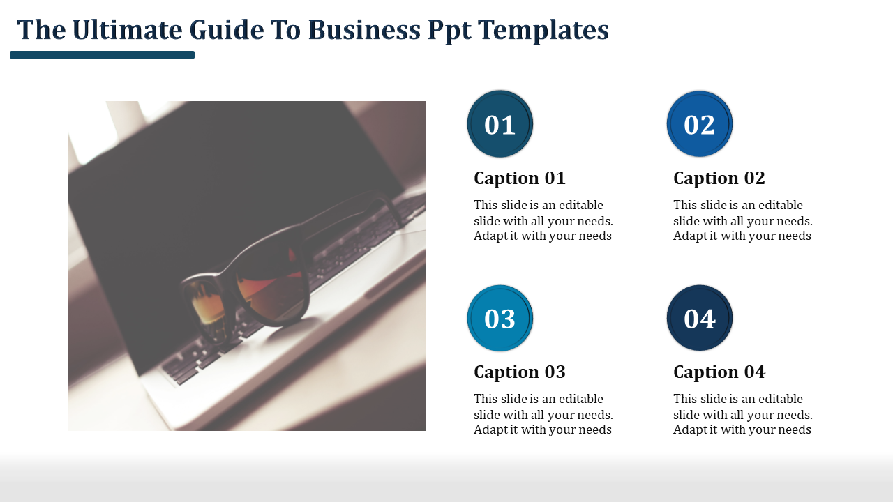 Business presentation slide with a photo of sunglasses on a laptop and four numbered captions on the right.