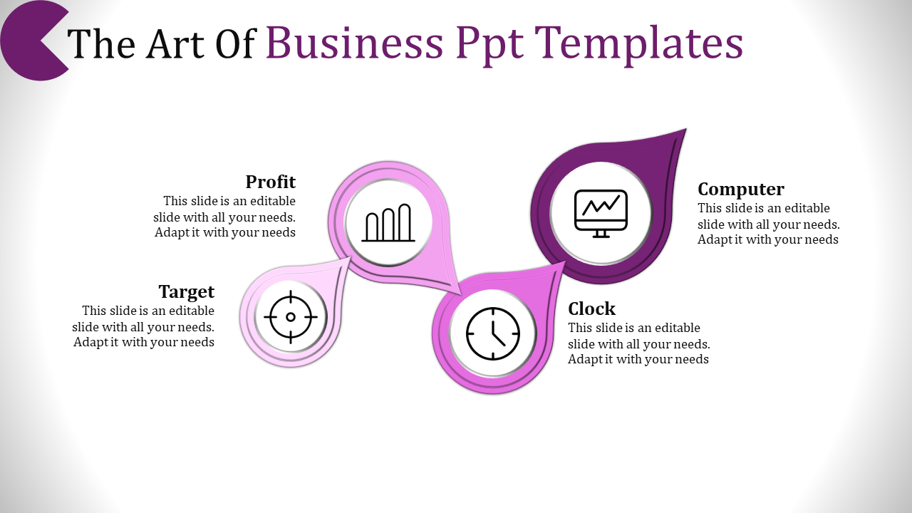 Modern business template with connected icons: profit, computer, clock, and target, in pink and purple design.