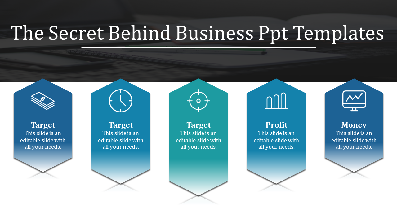 Business slide with five blue gradient hexagon banners showing icons for target, profit, and money concepts.