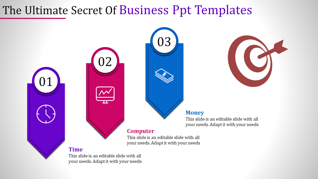 Business slide showing three steps: purple clock, pink computer, and blue money stack, leading to a red target.