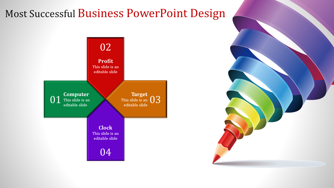 Colorful cross shaped business design with four sections in green, red, orange, and purple, next to a rainbow spiral pencil.