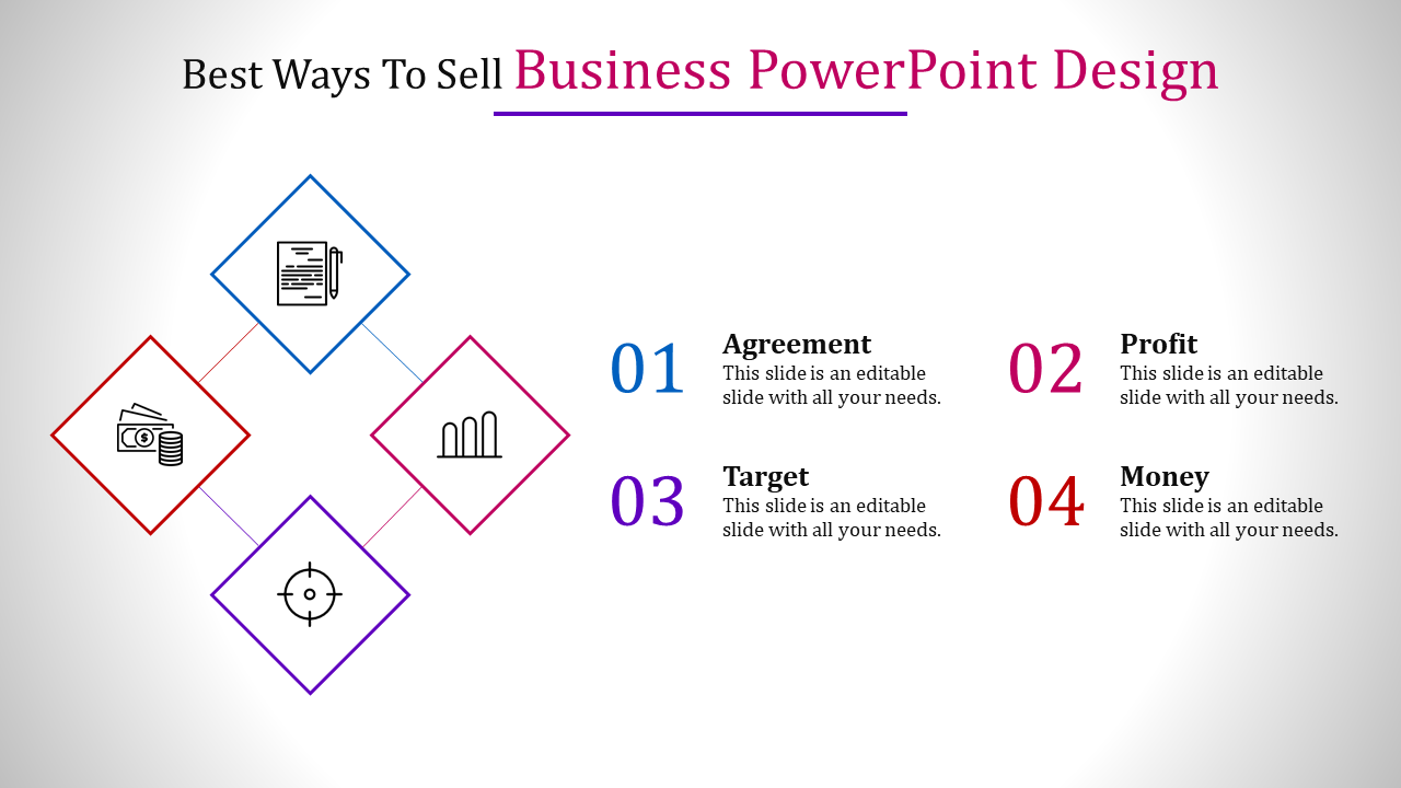 Business layout featuring four diamond shaped icons linked diagonally, with numbered steps and descriptions.