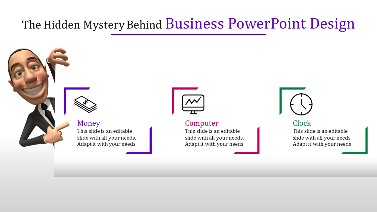 Business slide featuring a cartoon character pointing to three sections money, computer, and clock, each with captions.