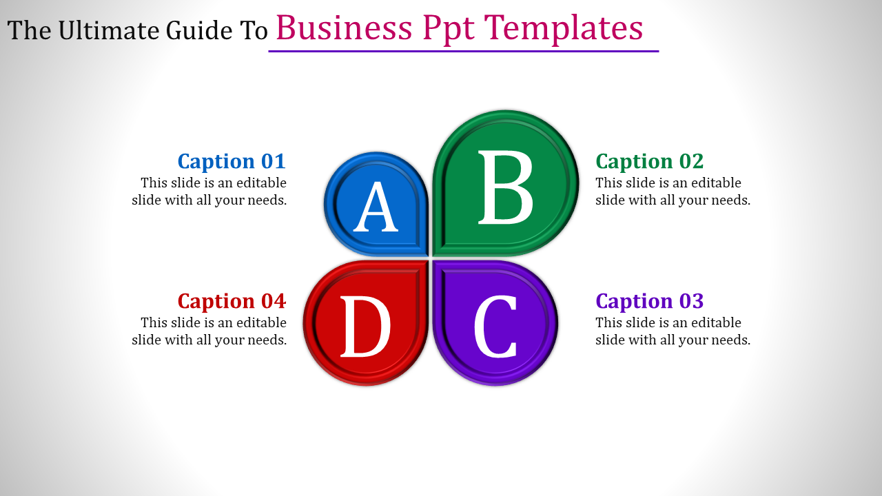 Business template with four colored segments in blue, green, red, and purple, labeled A, B, C, and D for presentation points.