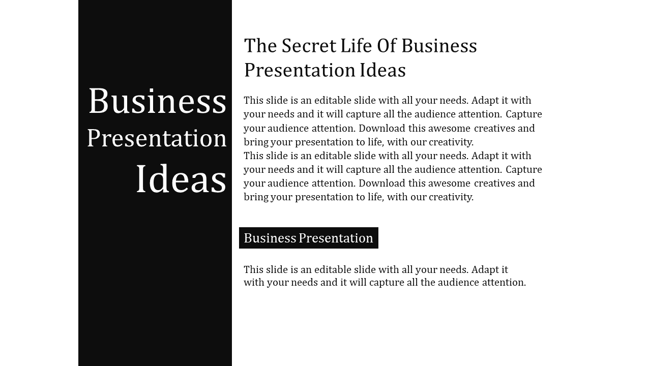 Minimalist business template featuring a black sidebar with title text and detailed content on the right white area.