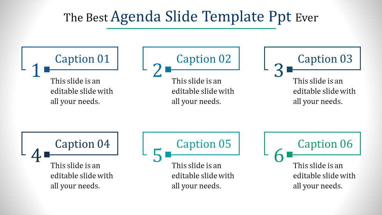 Agenda PPT slide with six numbered captions with placeholder text.