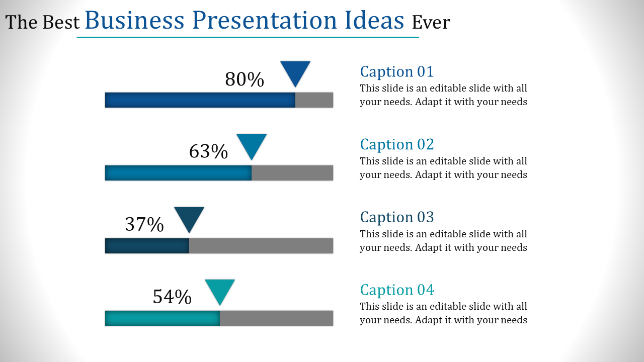 PowerPoint template with four horizontal bars, each with a percentage, arrow, and Caption.