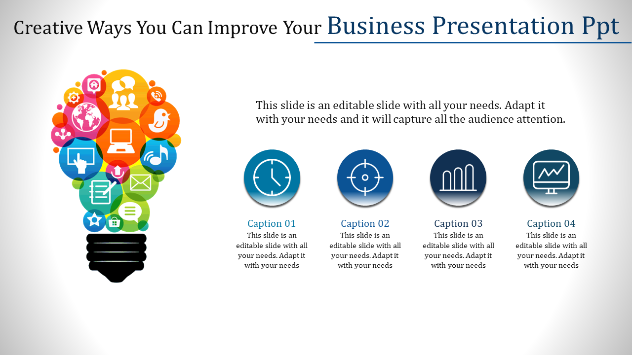 Slide featuring a colorful light bulb graphic made of icons, with four blue circular captions for business presentation tips.