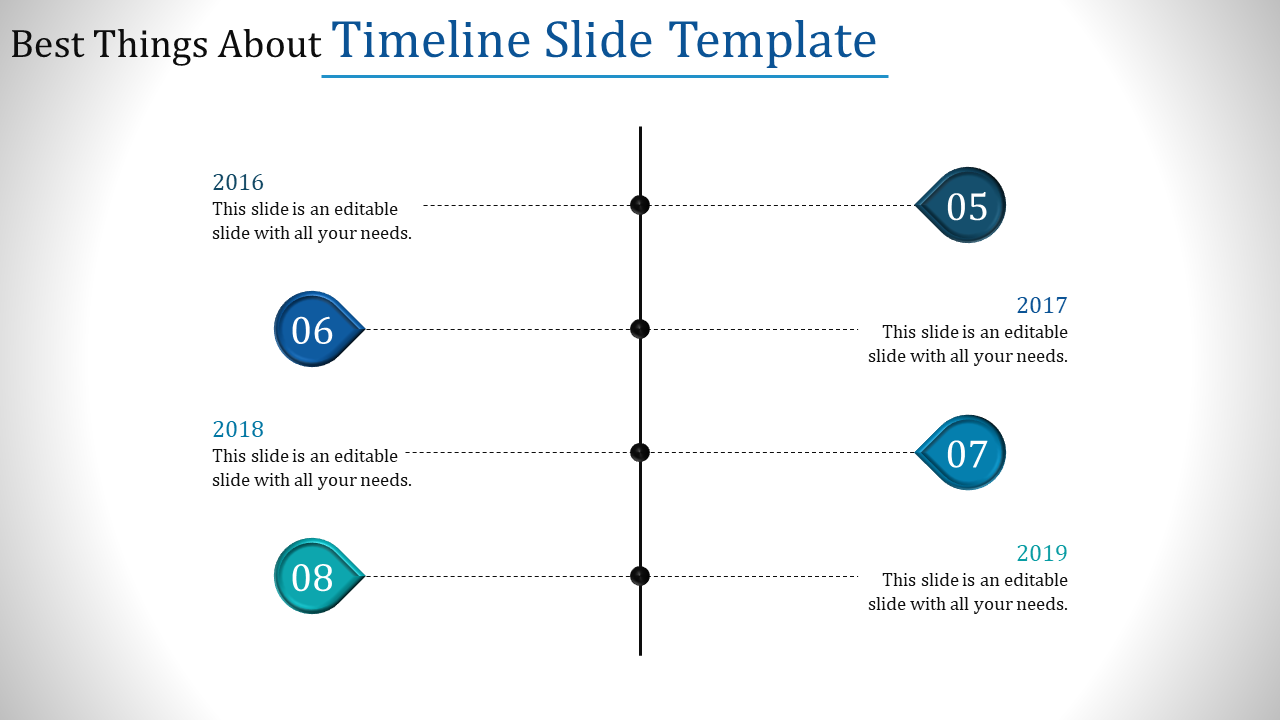 Timeline PowerPoint template featuring milestones from 2016 to 2019, with captions for each year.