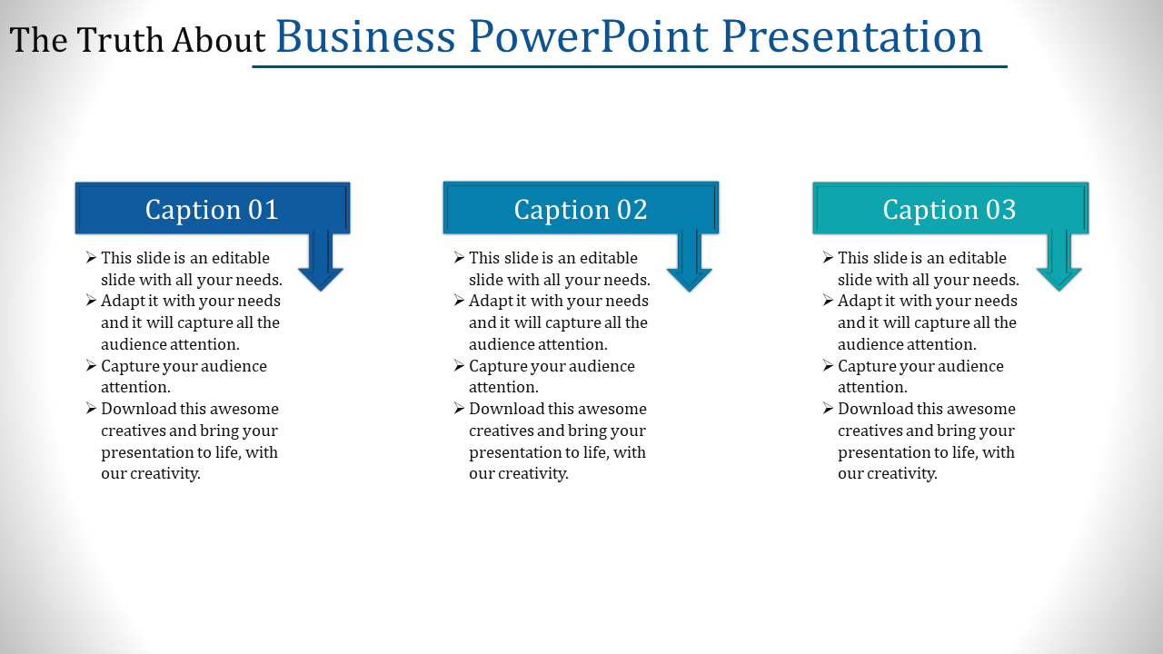 Business slide with three blue captions and bullet points about editable slide features, arranged in a horizontal row.