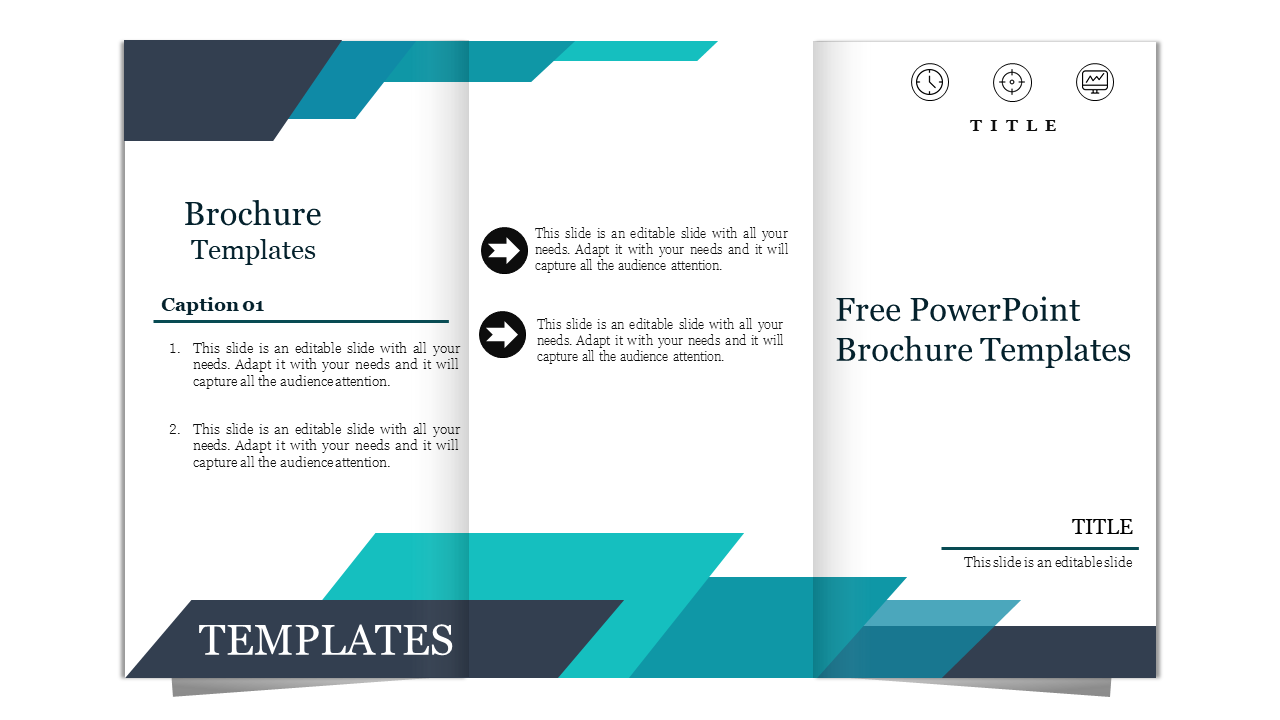 Three-panel slide design showcasing a brochure with a modern, geometric layout and placeholder text.