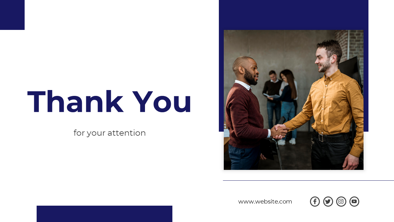 Thank you slide featuring a white background with blue accents, and a photo of two men shaking hands on the right.