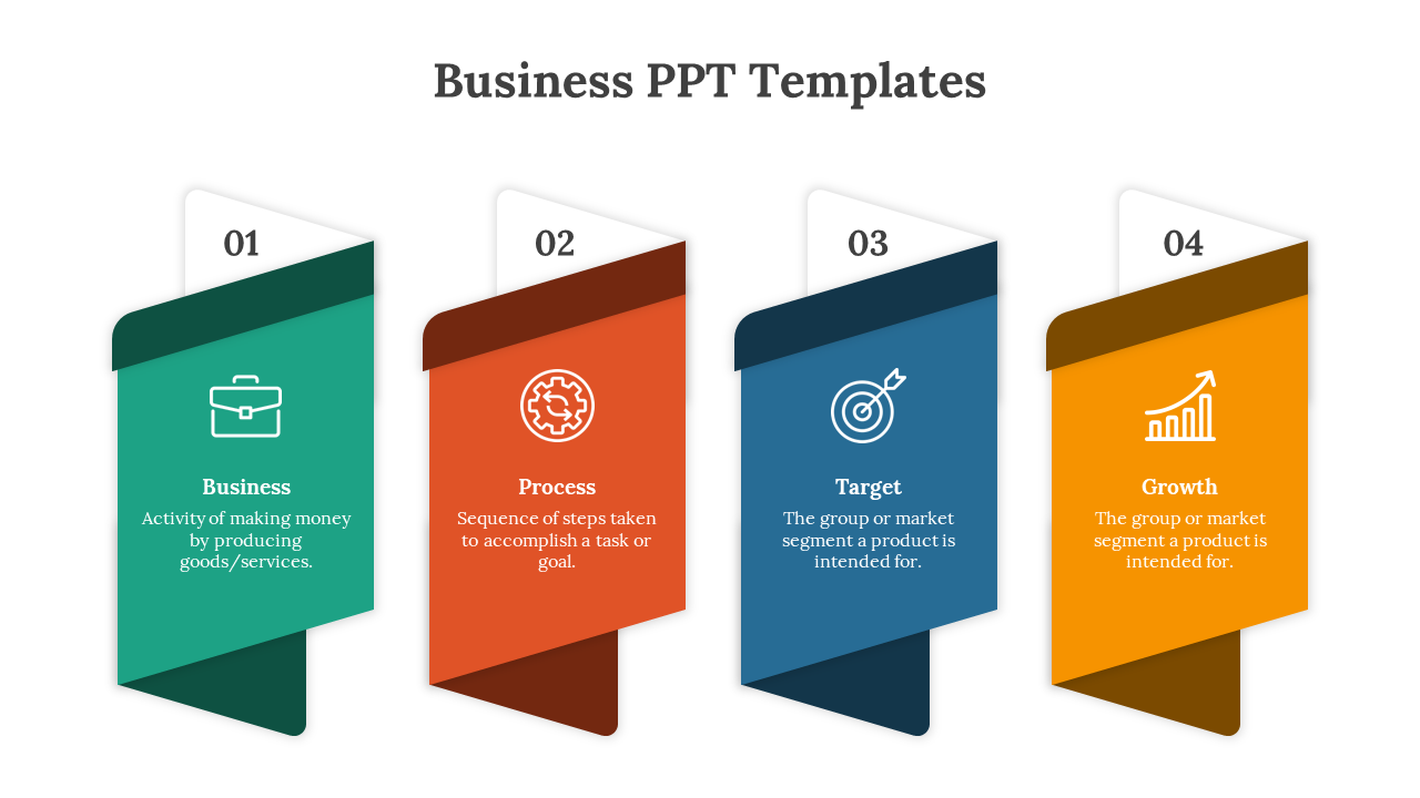 Four vertically stacked banners in green, red, blue, and orange, each with icons, descriptions, and numbered headers.