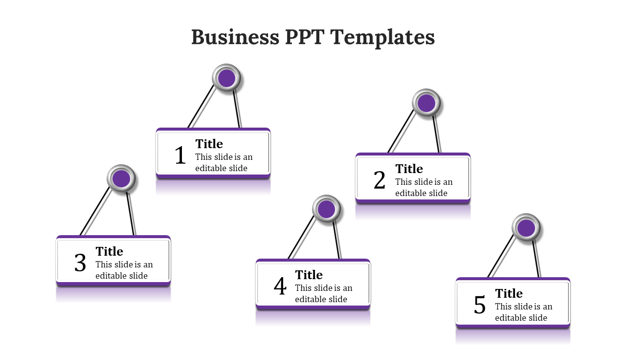 Business slide with five sequential rectangular boxes labeled 1 to 5, hanging from purple nodes with thin lines.