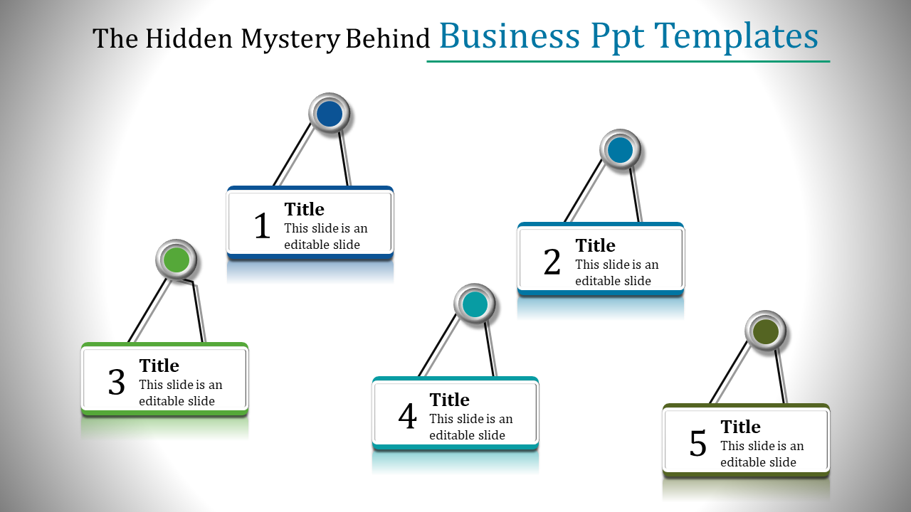 Business slide featuring five labeled text boxes connected by triangular lines to colorful nodes at the top.