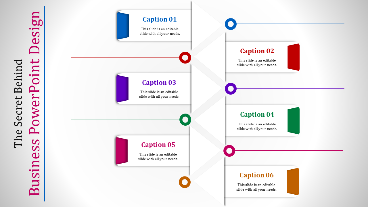 A business PowerPoint slide featuring six vibrant arrows pointing horizontally, each with a numbered caption.