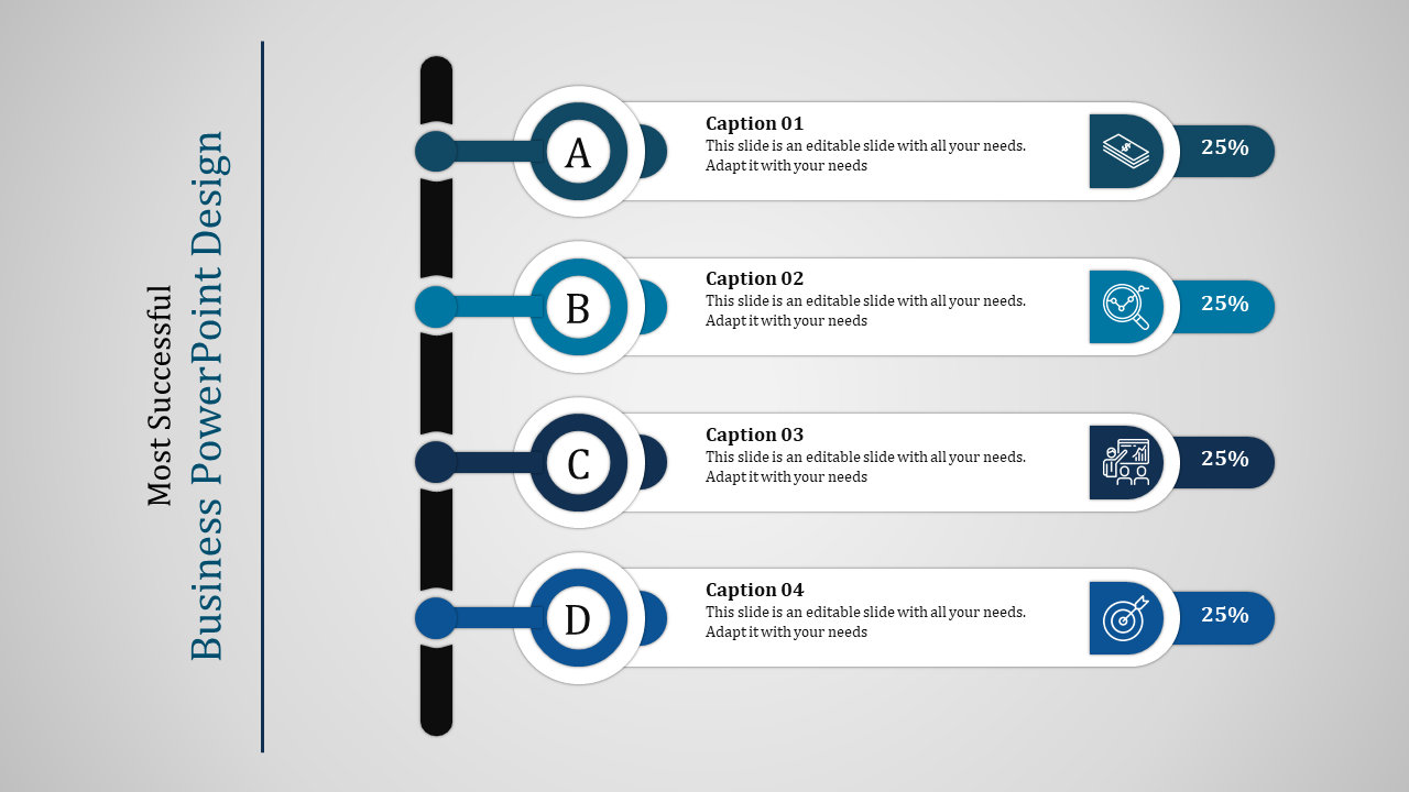 Four step business design template with horizontal labels A to D, blue progress icons, and captions aligned vertically.