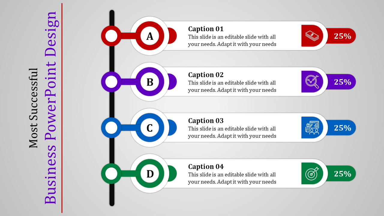 Four step business slide with red, purple, blue, and green segments arranged vertically, on a gray background.