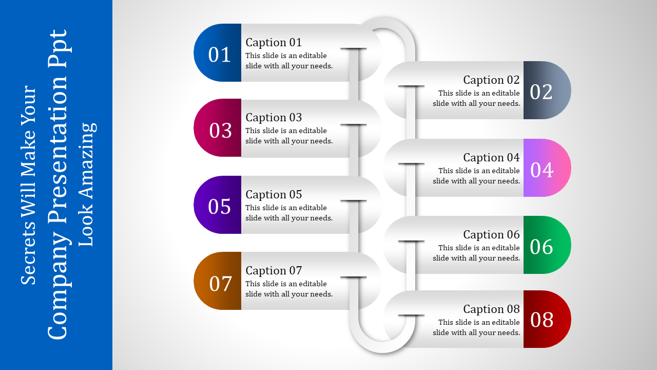 Company process template with colorful numbered circles, captions on either side, and a central white connector line.