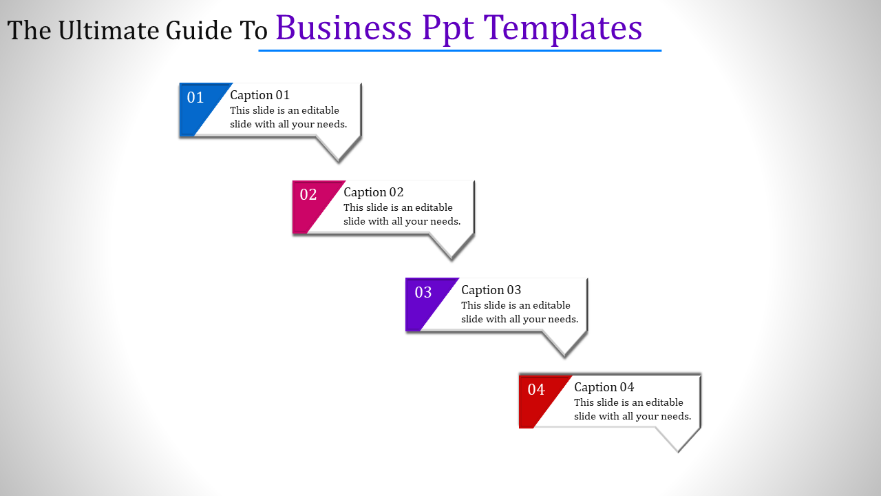 Business slide with four numbered steps (1 to 4), each in a colored block with icons and caption areas.