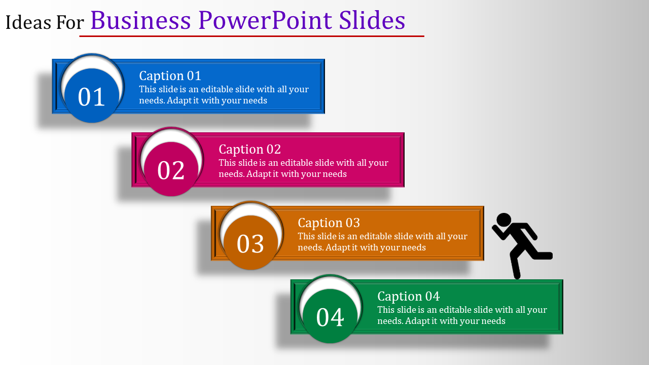 Four numbered caption boxes for ideas in business in blue, pink, orange, and green with a stick figure running upward.