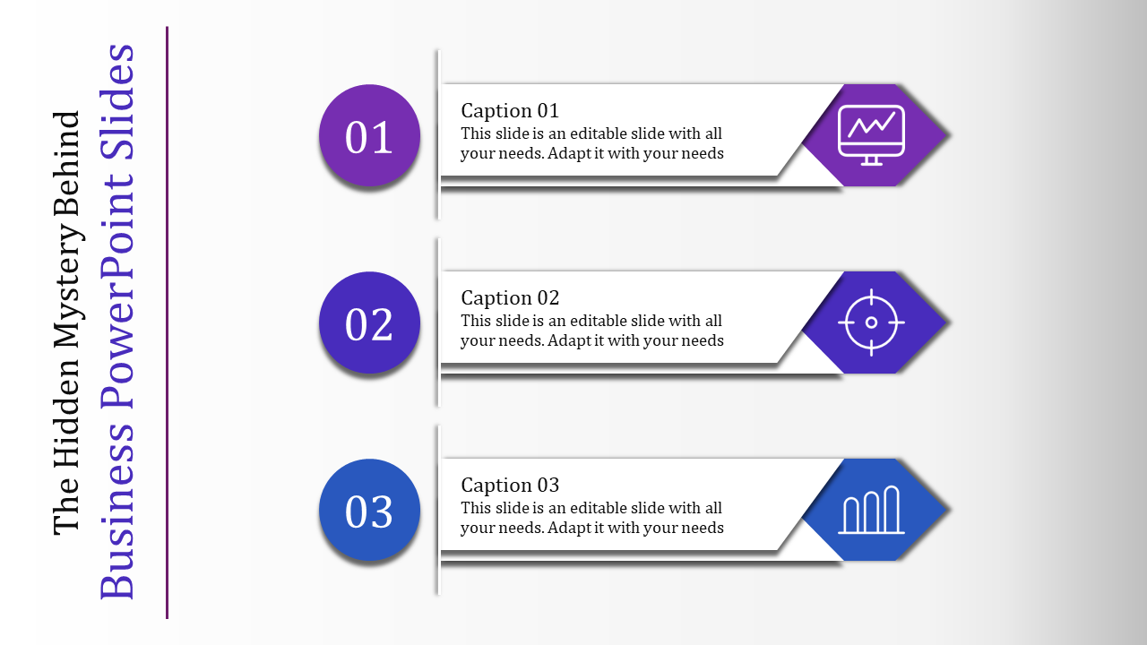 Three numbered steps with captions and icons, aligned vertically with purple and blue toned circles, and side title.