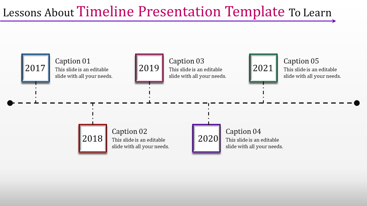 Timeline presentation template with captions for each year, displaying a chronological sequence from 2017 to 2021.