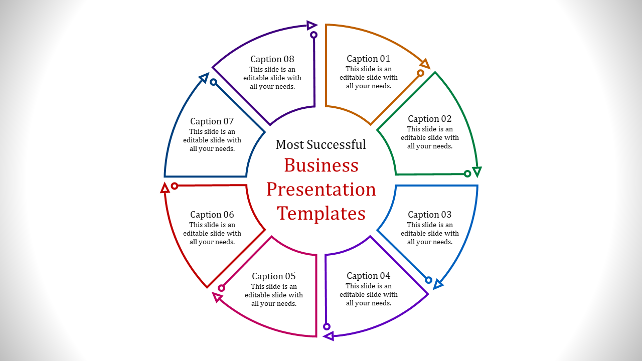 Business presentation template with eight sections, each highlighted by different colors and captions.