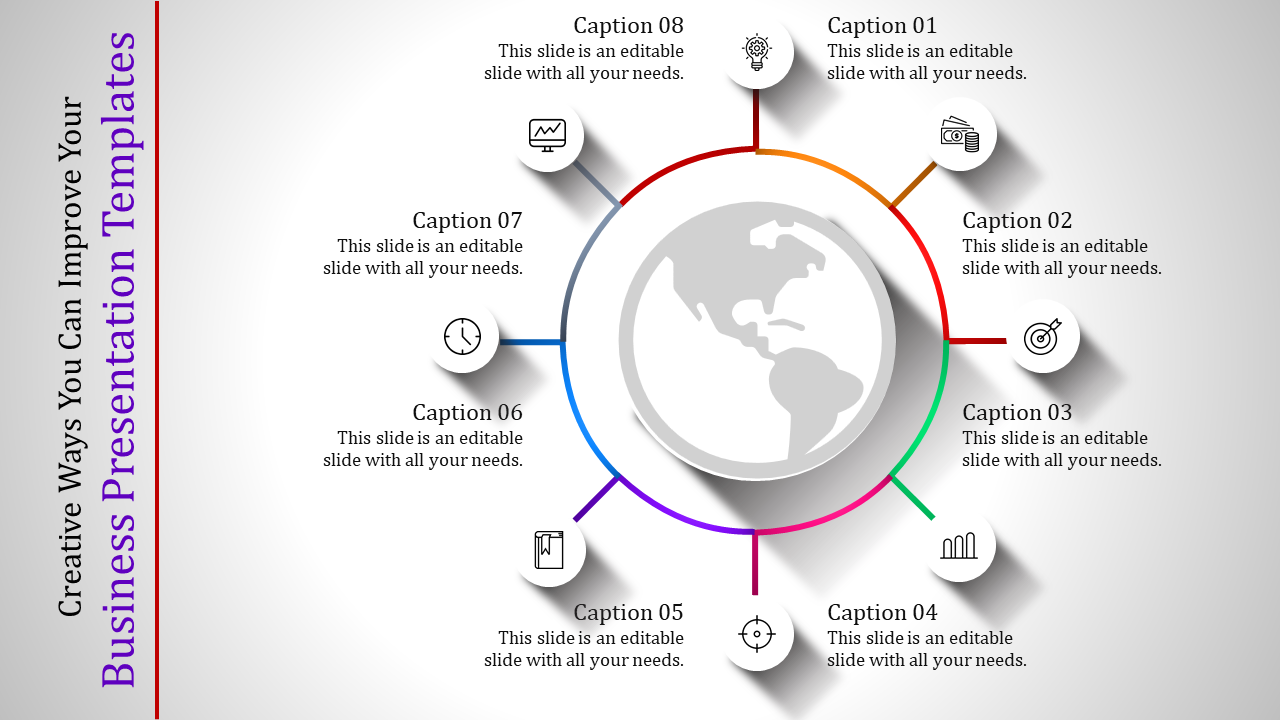 Creative business template with a central globe and eight surrounding segments, each marked with a number.