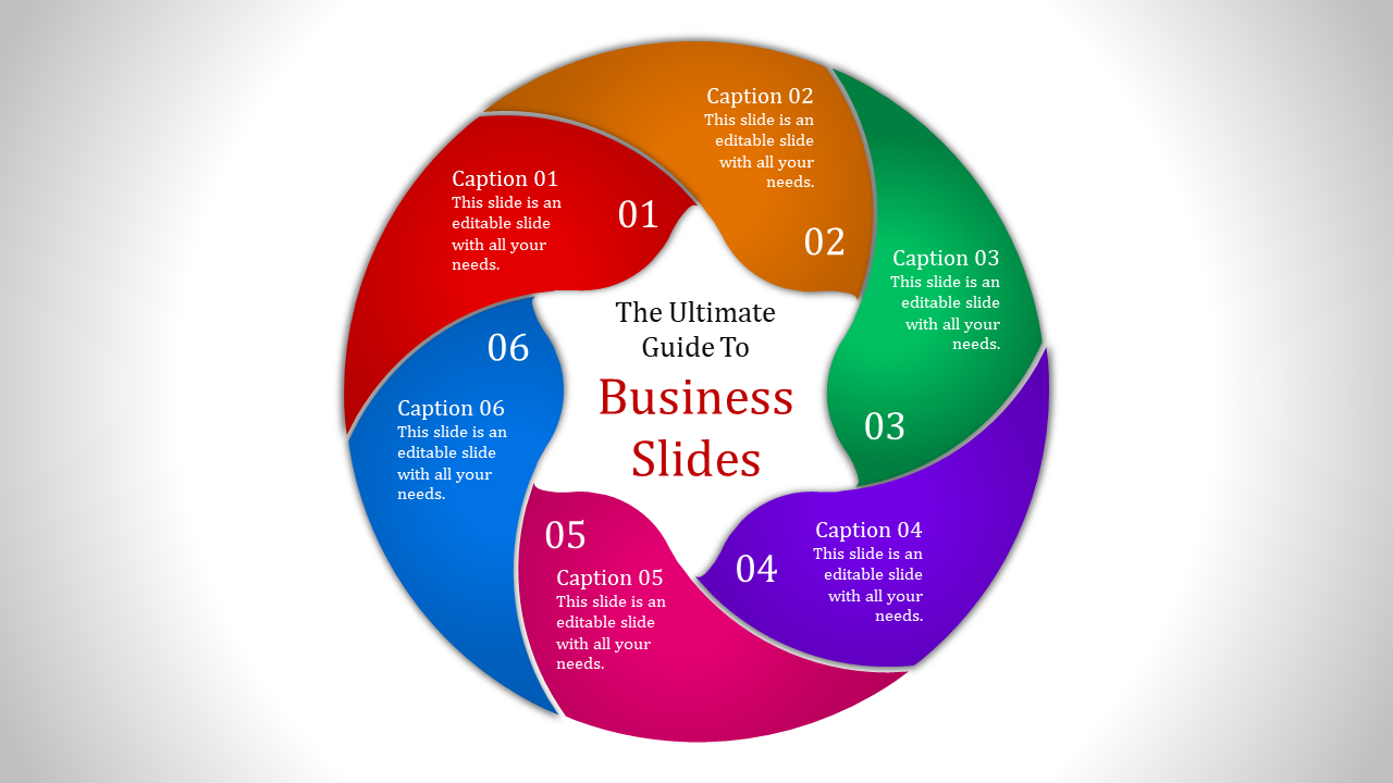 Business template showing a circular flowchart with six color-coded segments, each with a caption and number.