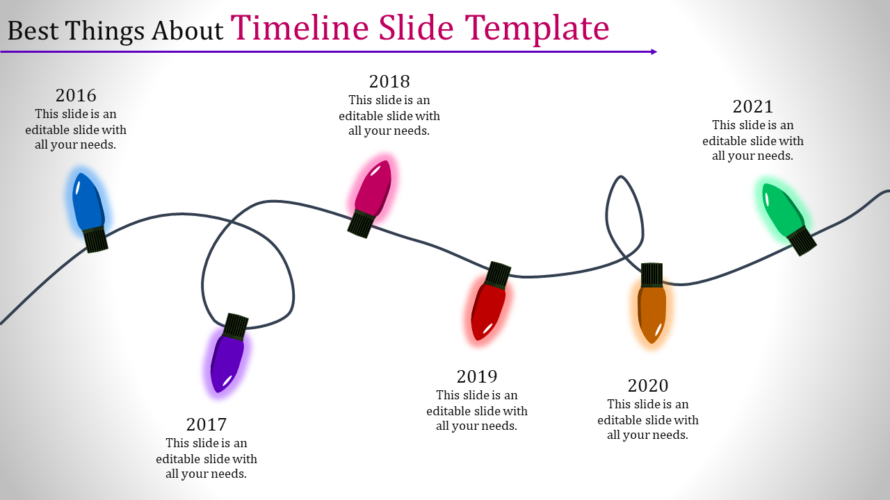 Timeline infographic with colorful lights for 2016 to 2021, connected by a curving wire on a white background.