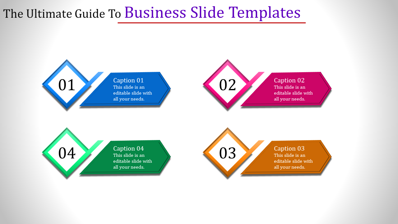 Colorful business slide with four sections labeled 01 to 04, each with a caption and description.