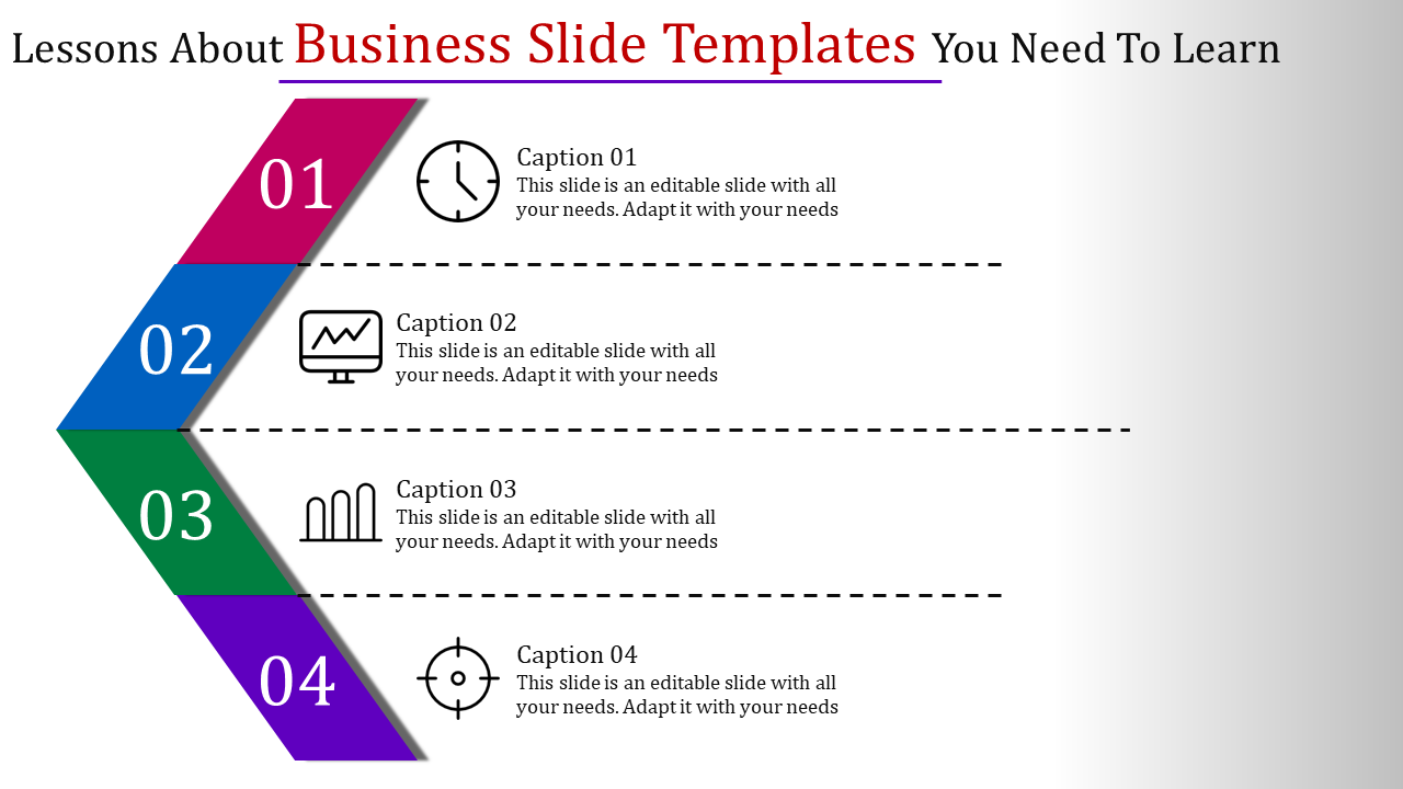 Business slide with four numbered sections, featuring icons for time, analytics, charts, and targets with captions.