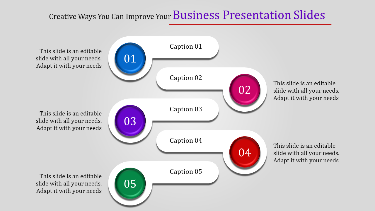 Business slide with five colored circular icons labeled 01 to 05, each with a caption, aligned horizontally.