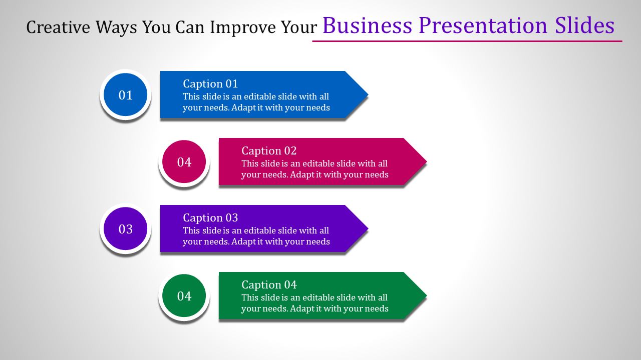 Creative business presentation slide with colorful arrows labeled with numbers and captions for each section.