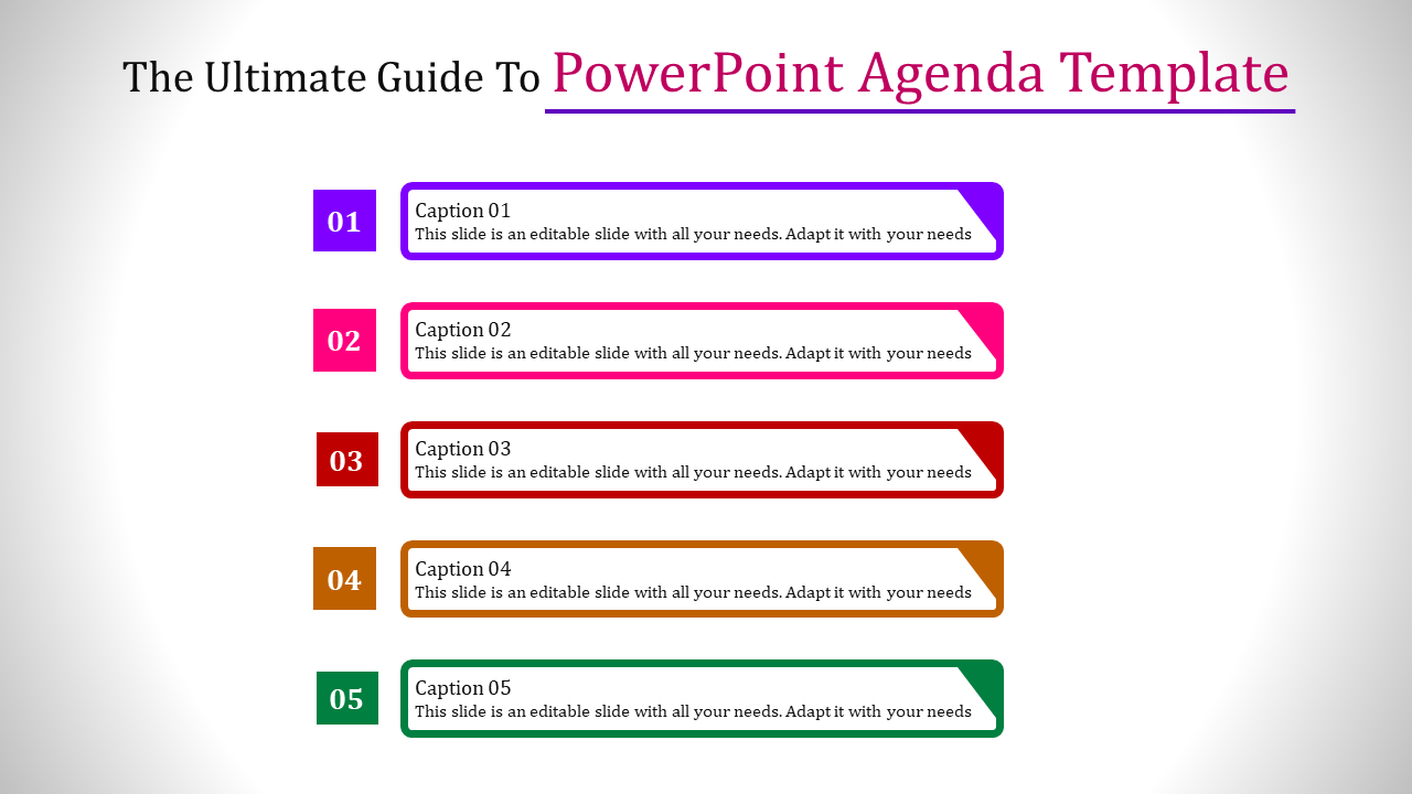 Agenda slide showing five color-coded sections with numbered captions, from 01 to 05, each featuring placeholder text.