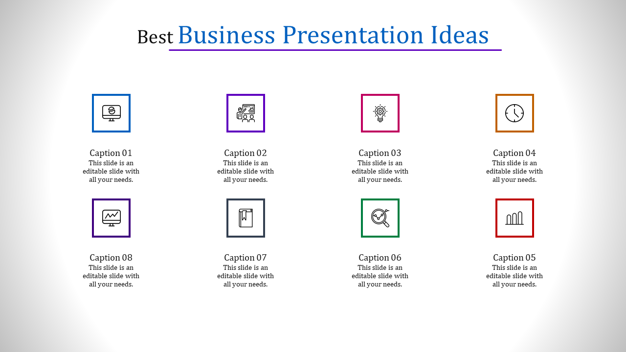 Eight business themed icons, including monitor, light bulb, chart, and clock, in multicolored squares with captions areas.