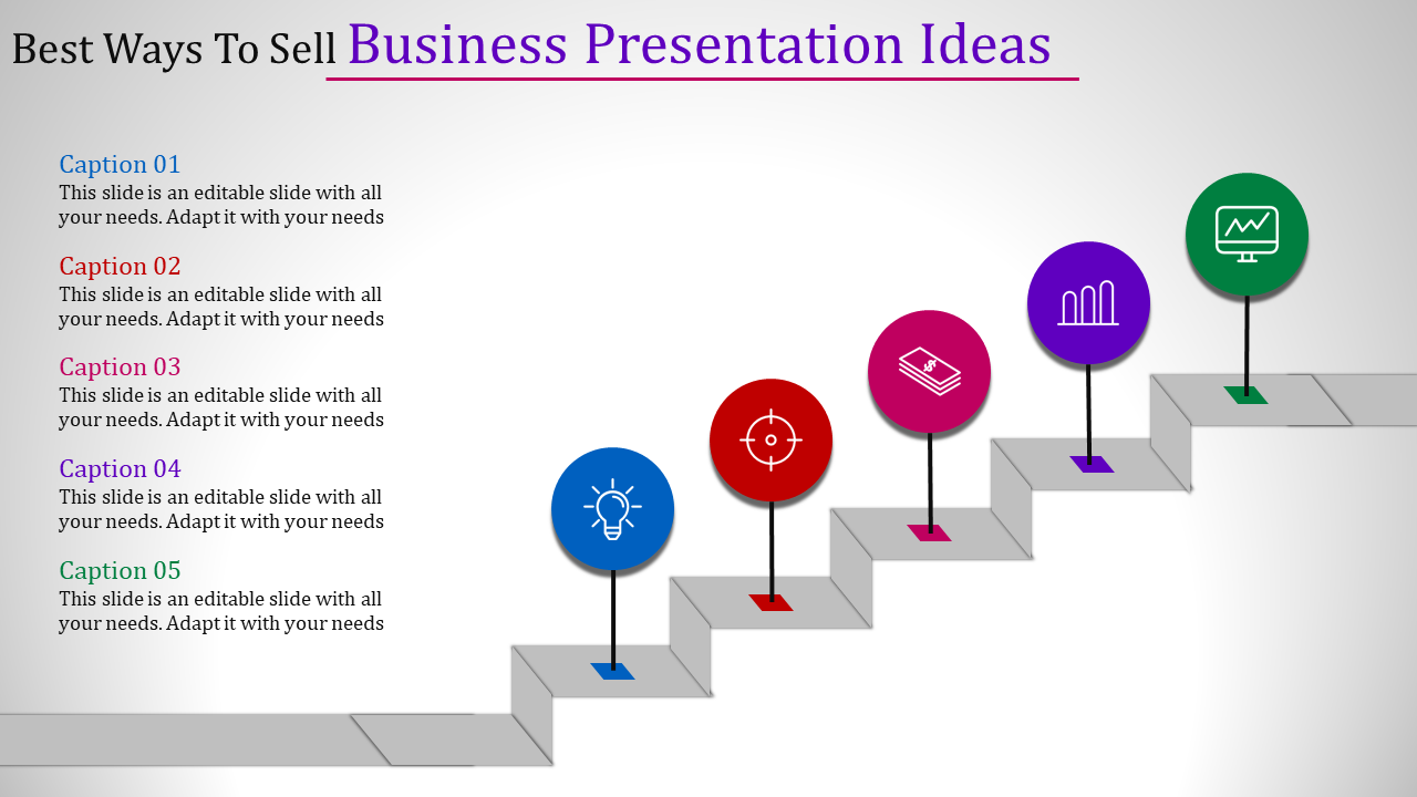 Business strategy steps visualized through a staircase with vibrant circular icons representing different stages.